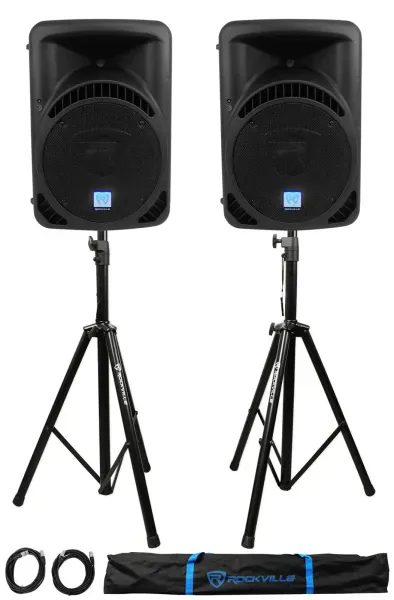 2 Rockville RPG12BT 12" Active BlueTooth Wireless Link DJ Speakers+Stands+Cables