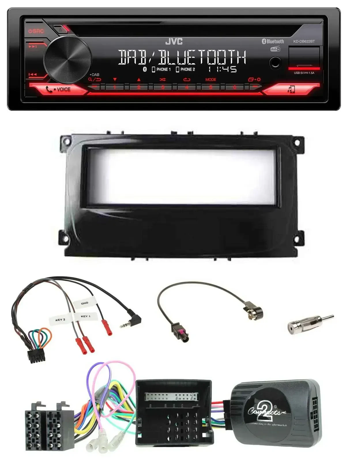 Автомагнитола для Ford Mondeo/S-Max 2007–2014 JVC CD, DAB, USB, Bluetooth, CAN-Bus, управление с руля