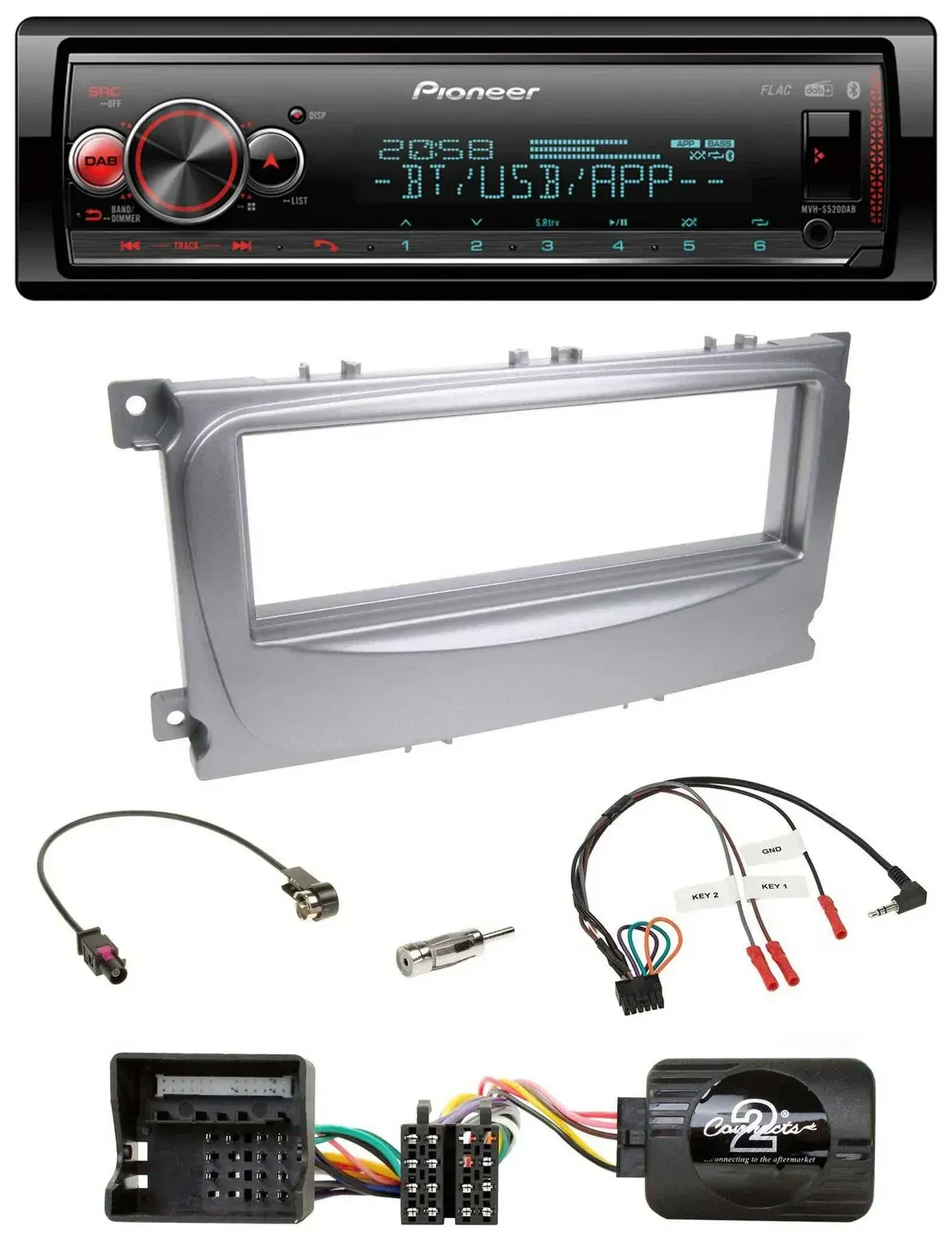Автомагнитола Pioneer Bluetooth USB DAB для Ford S-Max/Mondeo 2007–2014, серебристая, с поддержкой кнопок на руле
