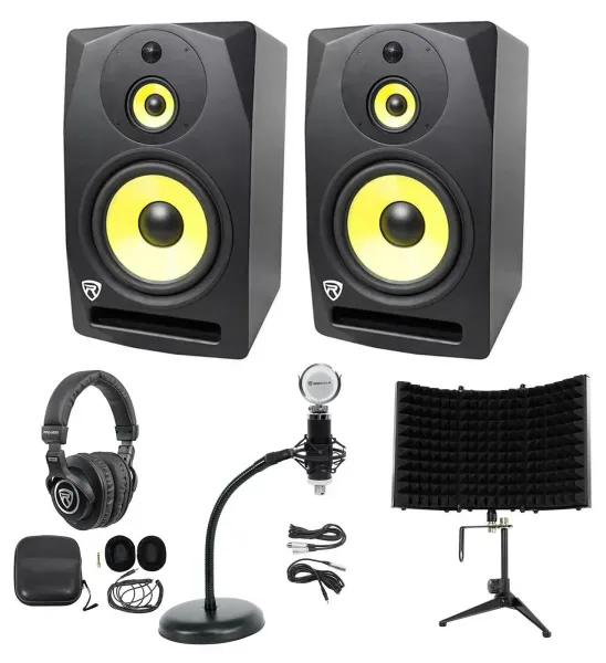 (2) Rockville DPM10B 10" 800w Studio Monitors+Headphones+Mic+Gooseneck Stand