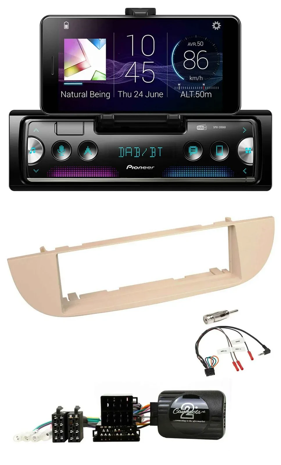Автомагнитола для Fiat 500 (с 2007) Pioneer USB Bluetooth DAB, перламутрово-серый/бежевый, поддержка управления на руле