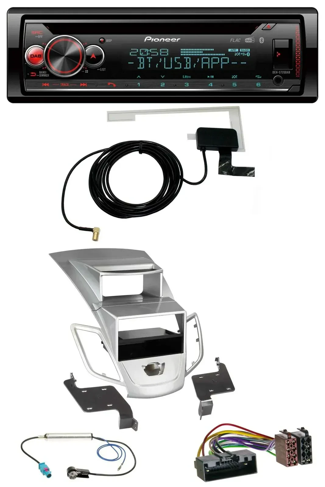 Автомагнитола для Ford Fiesta (2010–2017) Pioneer DAB, CD, MP3, USB, Bluetooth, серебристая, с дисплеем
