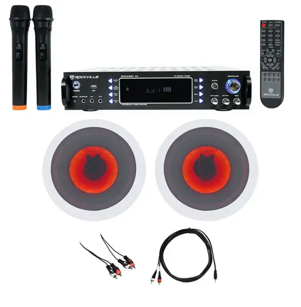 Rockville Bluetooth Karaoke Amplifier Receiver+2) 6.5" LED Ceiling Speakers+Mics