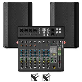Harbinger VARI V1115 15" Powered Speakers Package With LX12 Mixer and Cables