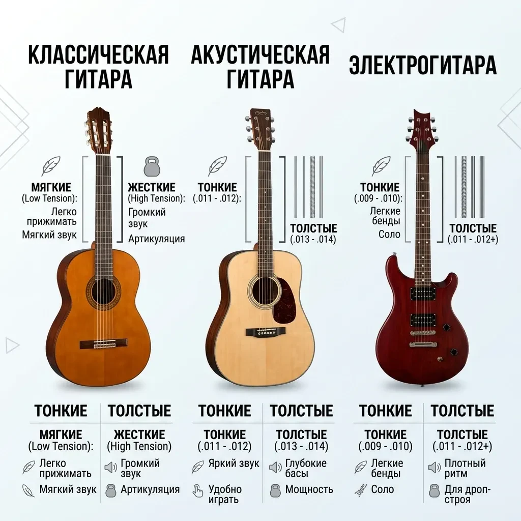 Какой калибр струн выбрать для акустической, классической и электрогитары