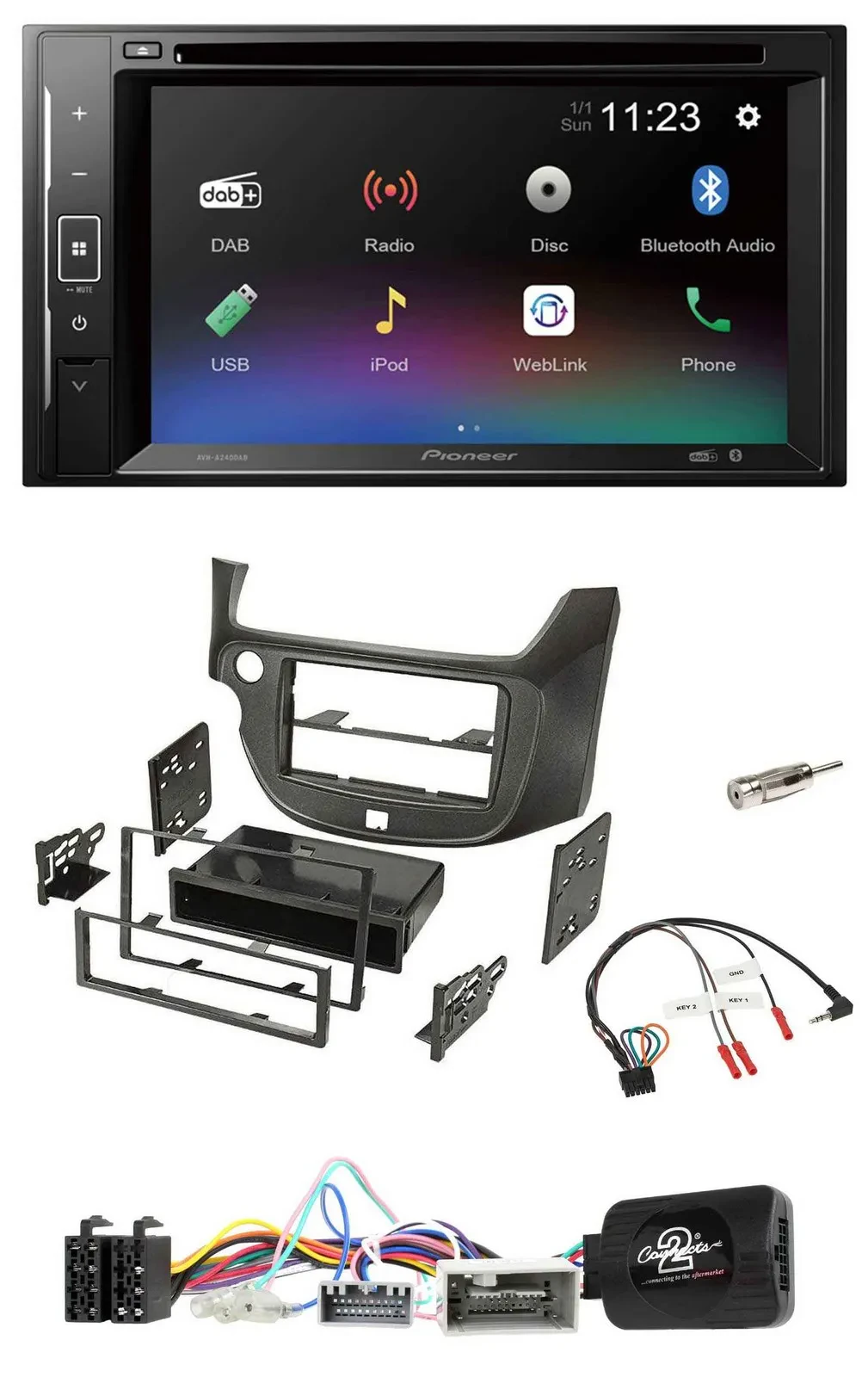 Автомагнитола Pioneer 2-DIN, Bluetooth, USB, DAB, DVD, для Honda Jazz (с 2014), тёмный