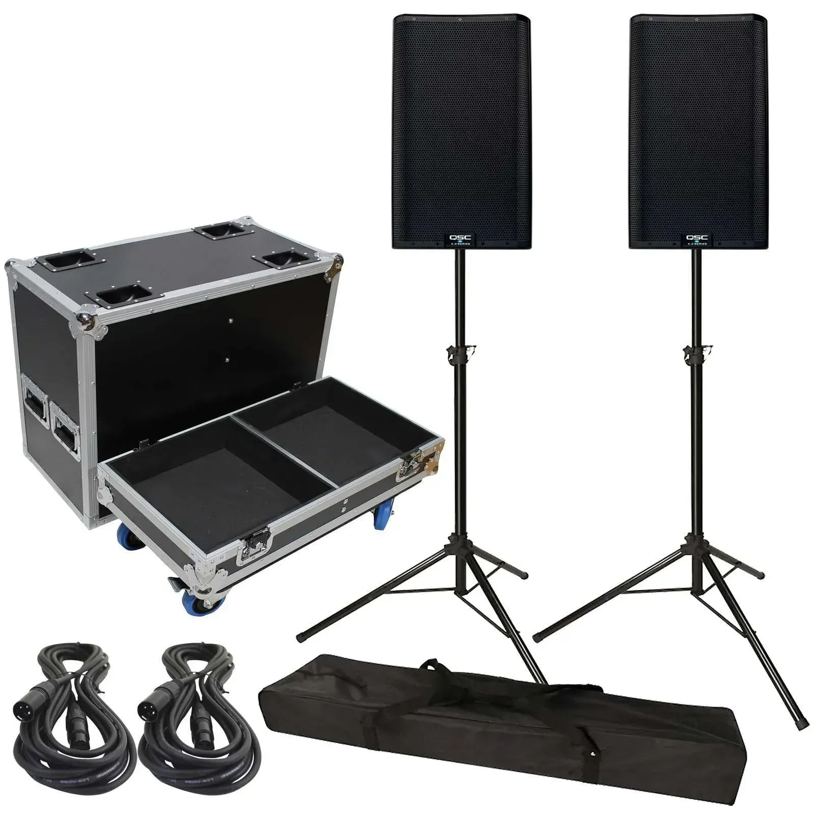 QSC K12.2 K2 Series 12" Two-Way 2000W Powered Speakers Pair w Stands & Road Case