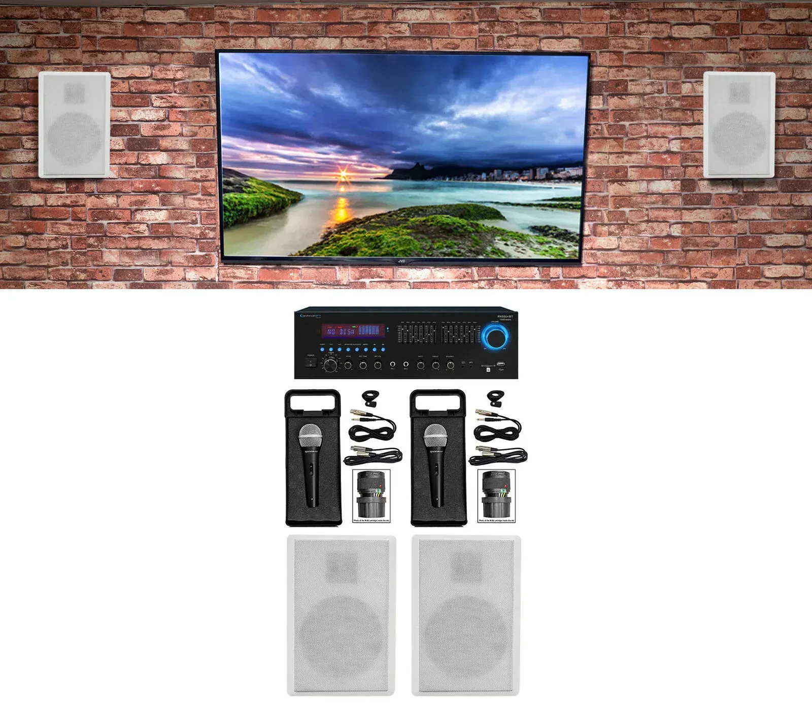Technical Pro Karaoke Machine System w/ Bluetooth+(4) 5.25" White Wall Speakers
