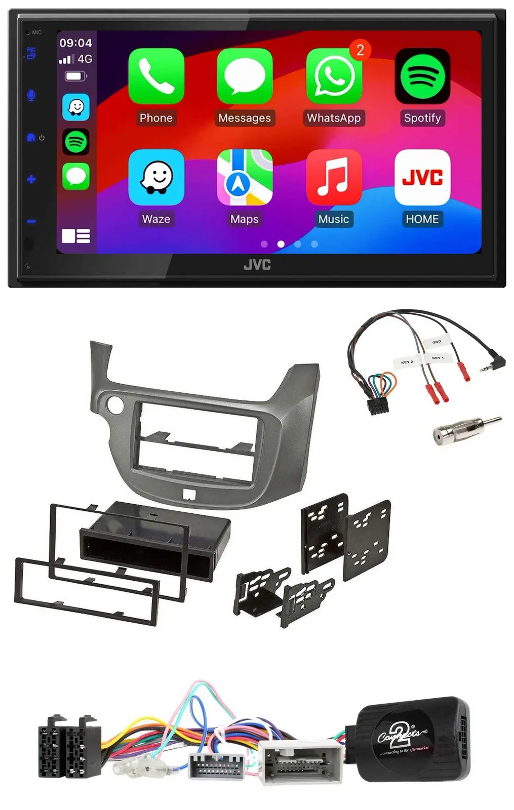 JVC Bluetooth 2DIN Lenkrad DAB USB Autoradio für Honda Jazz ab 2014 silber