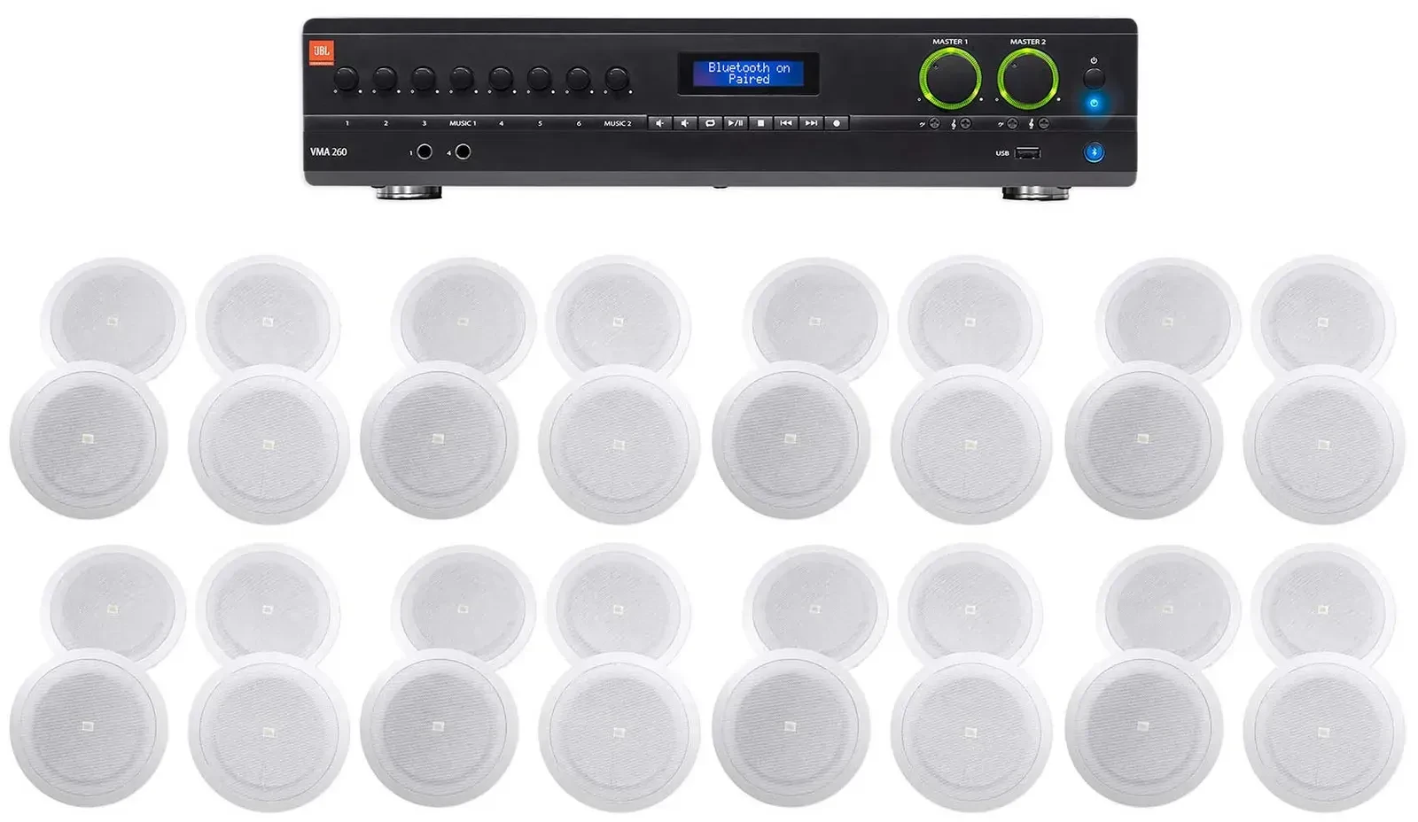 JBL VMA260 60w 8-Input Amplifier+(32) 8" JBL Speakers For Restaurant/Bar/Cafe