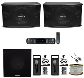 (2) Rockville 1200w Karaoke Speakers+Bluetooth Amplifier+(2) Mics+10" Subwoofer