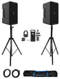 2) Mackie ShowBox Rechargeable 8" DJ PA Bluetooth Speakers+Stands+Mic+Headphones