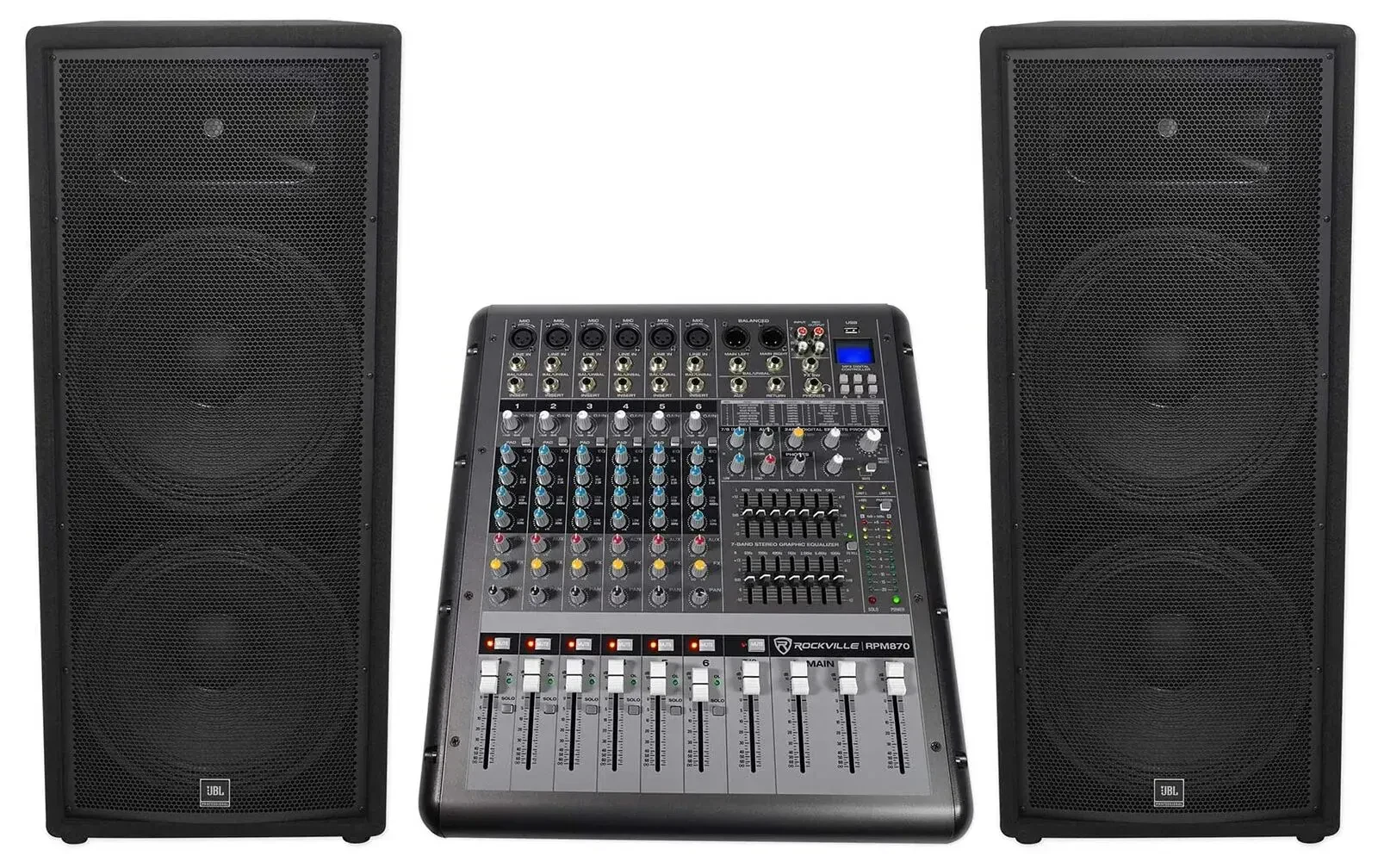 JBL JRX225 Dual 15" 4000w DJ/PA Speakers+Powered 8-Channel Mixer w/USB/Effects