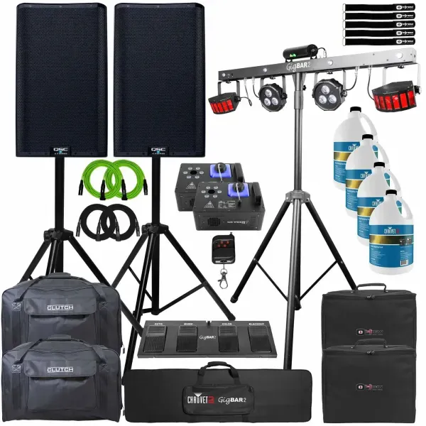 DJ Gig Package QSC K12.2 12" PA Active Speakers w GigBar2 Lights & Fog Machine