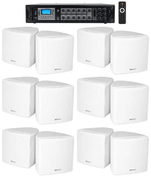 Rockville Commercial 6-Zone Bluetooth Amp+12 3.5" White Cube Restaurant Speakers