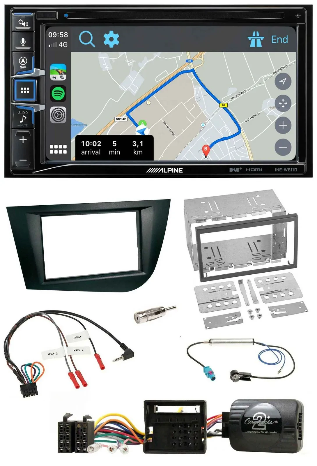 Автомагнитола для Seat Leon 2005–2009 Alpine 2DIN, с навигацией, DAB, TMC, Bluetooth, USB, совместима с кнопками на руле, черная