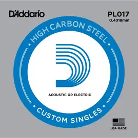 Струна для акустической и электрогитары D'Addario PL017 High Carbon Steel Custom Singles, сталь, калибр 17