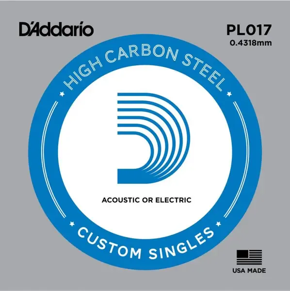 Струна для акустической и электрогитары D'Addario PL017 High Carbon Steel Custom Singles, сталь, калибр 17
