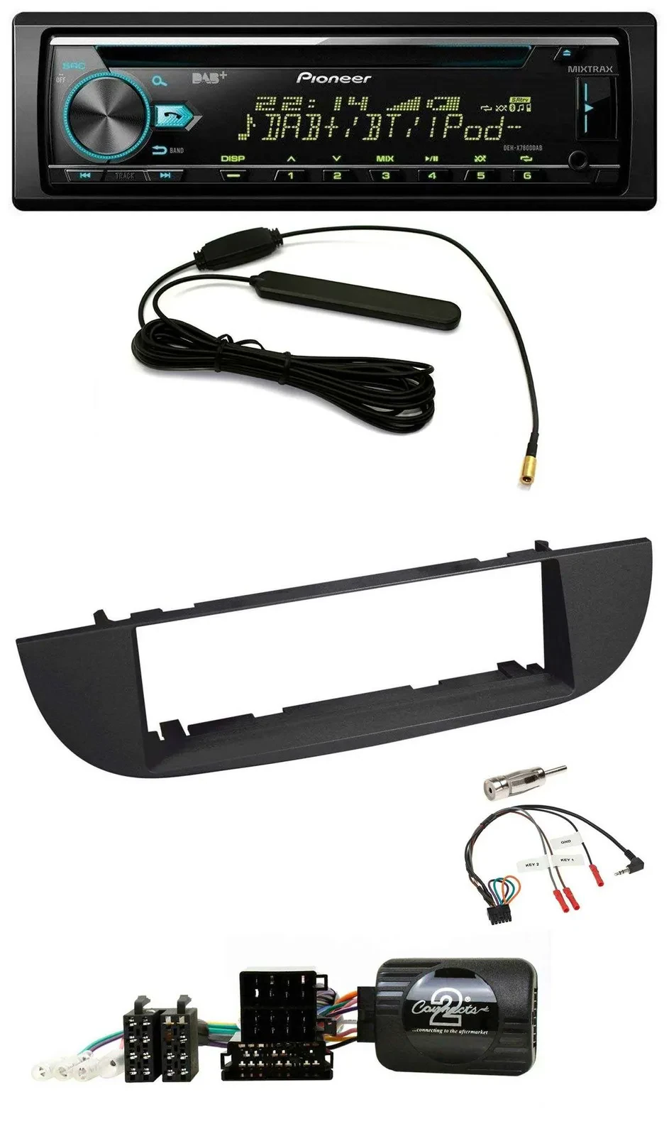 Автомагнитола Pioneer CD, MP3, DAB, USB, совместима с кнопками на руле, для Fiat 500 (с 2007), черный