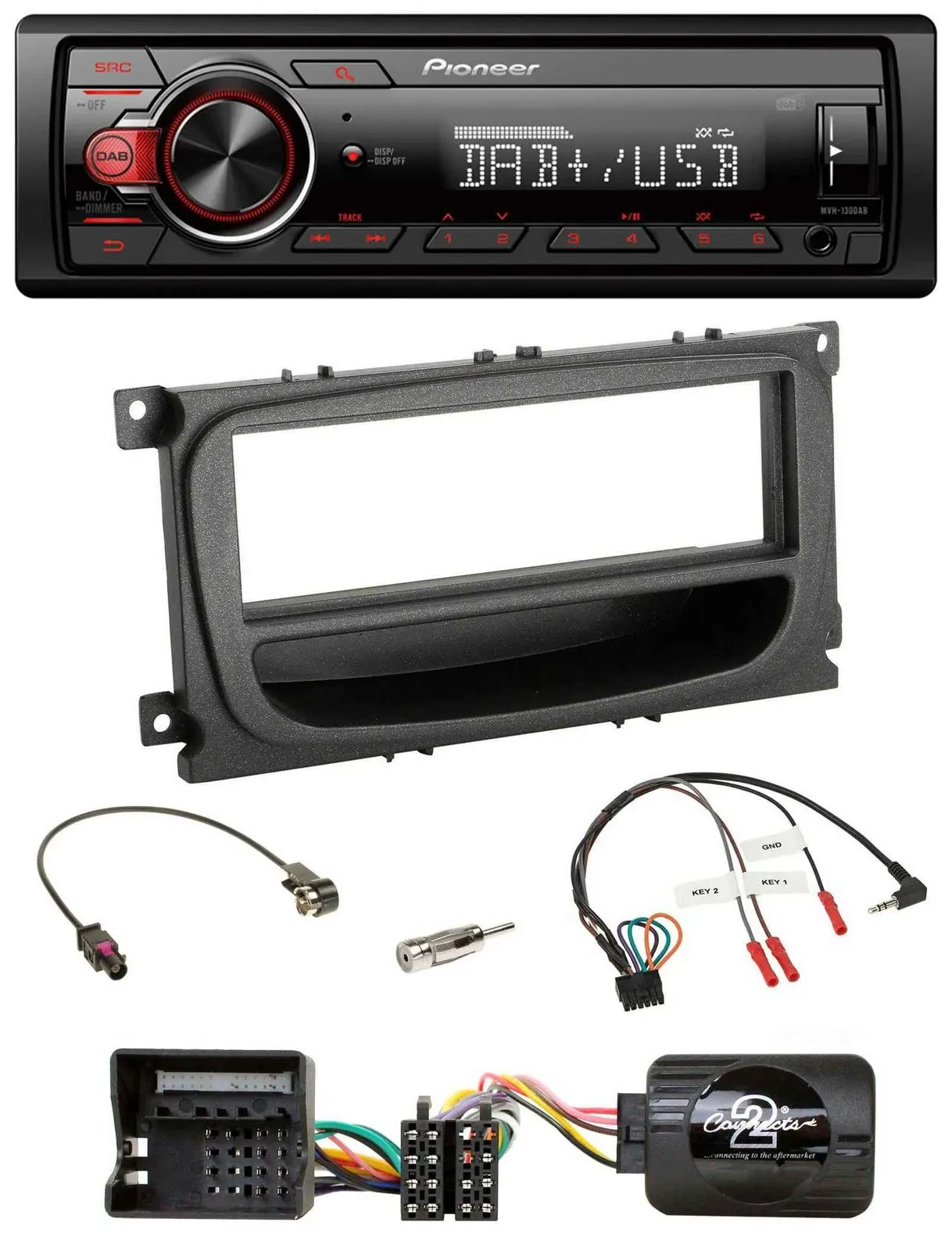 Автомагнитола для Ford Mondeo/S-Max 2007–2014 Pioneer 1-DIN, DAB, USB, MP3, чёрная, совместима с кнопками на руле