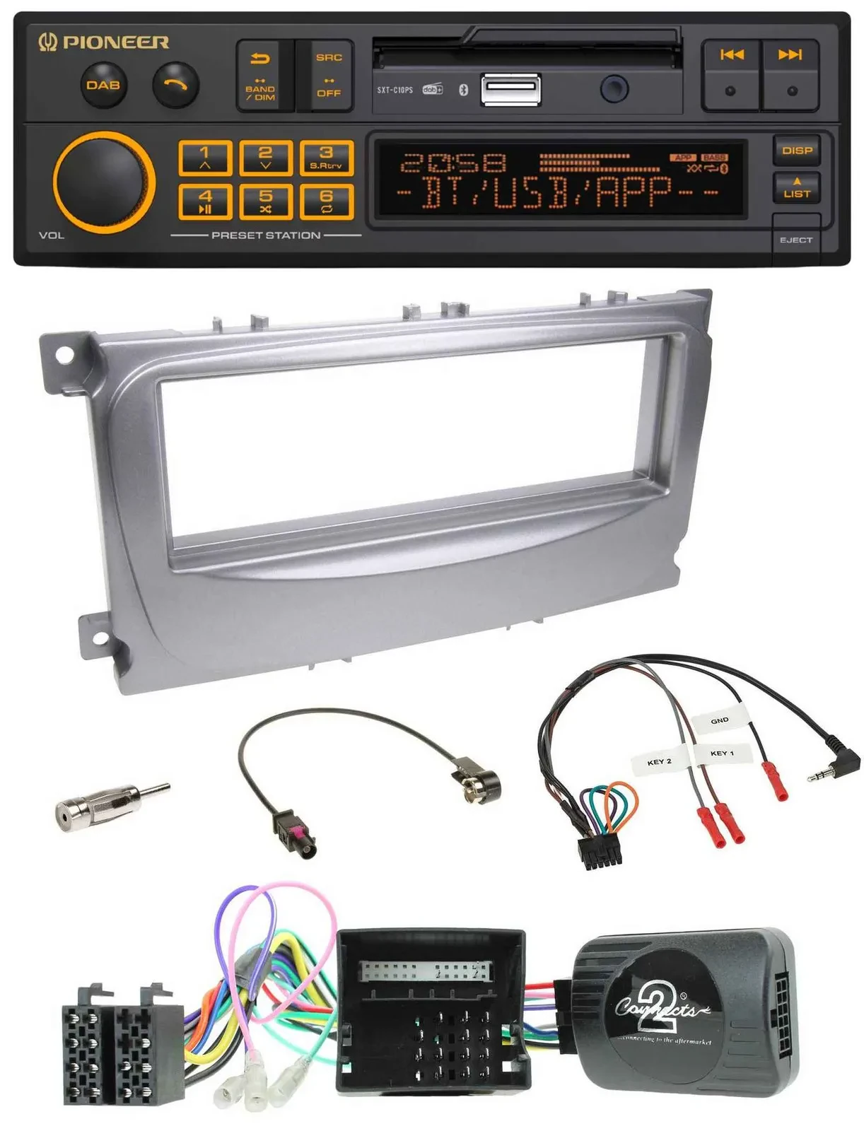 Автомагнитола для Ford Pioneer DAB, USB, Bluetooth, с адаптером CAN-Bus, поддержка управления на руле