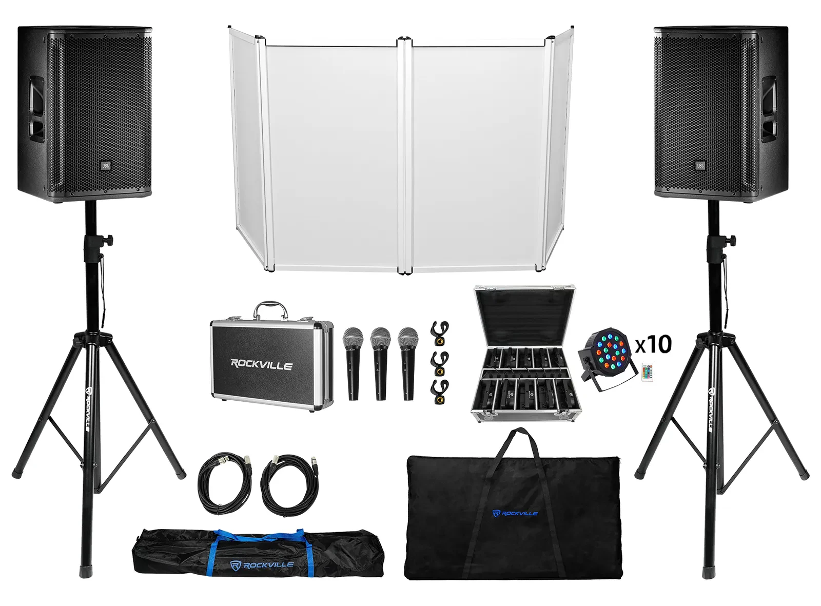 (2) JBL SRX812P 12" 2000w Powered DJ PA Speakers+Stands+Mics+Facade+(10) Lights