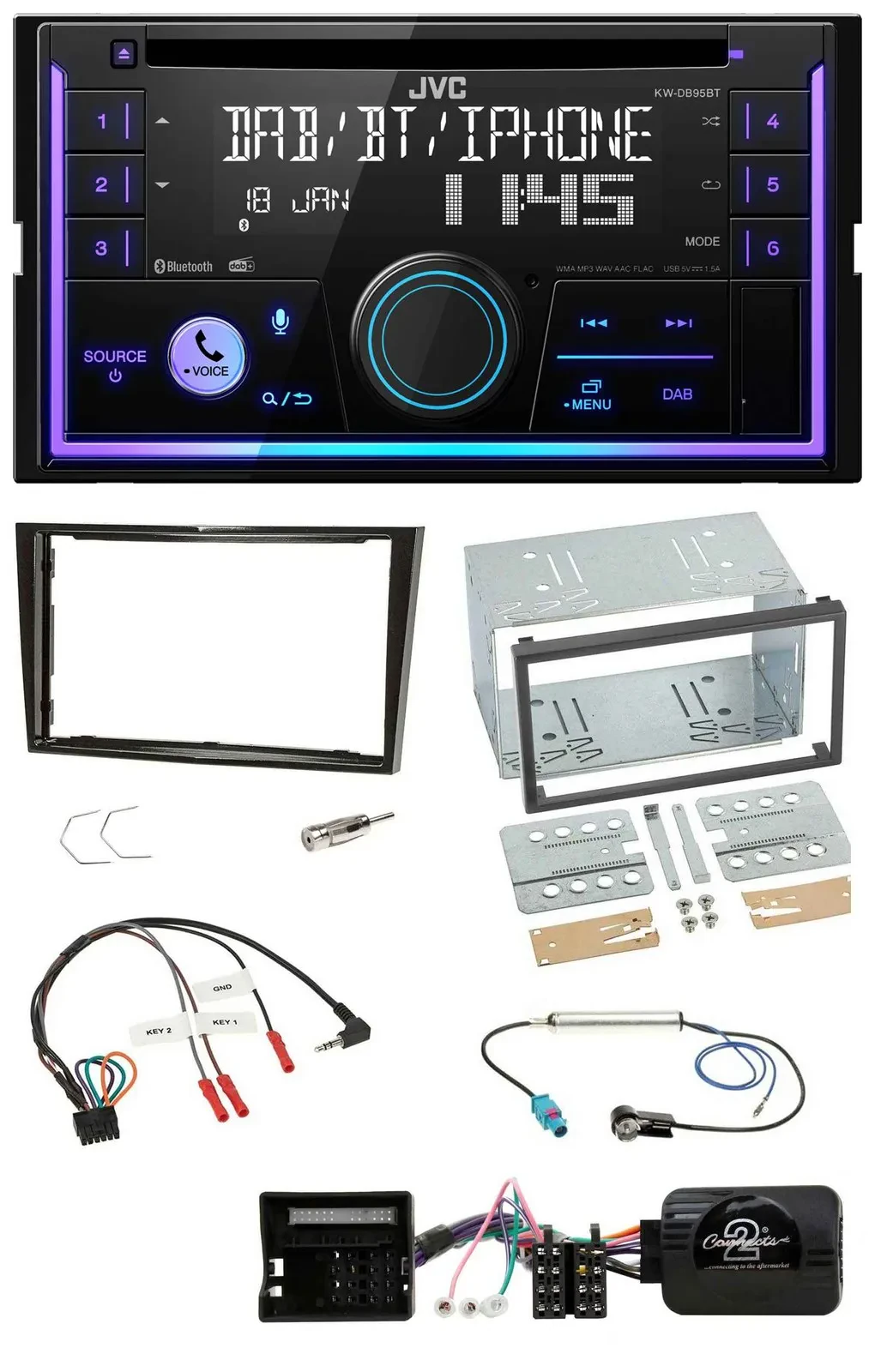 Автомагнитола JVC 2-DIN, USB, DAB, Bluetooth, CD для Opel Zafira/Corsa D/Astra H