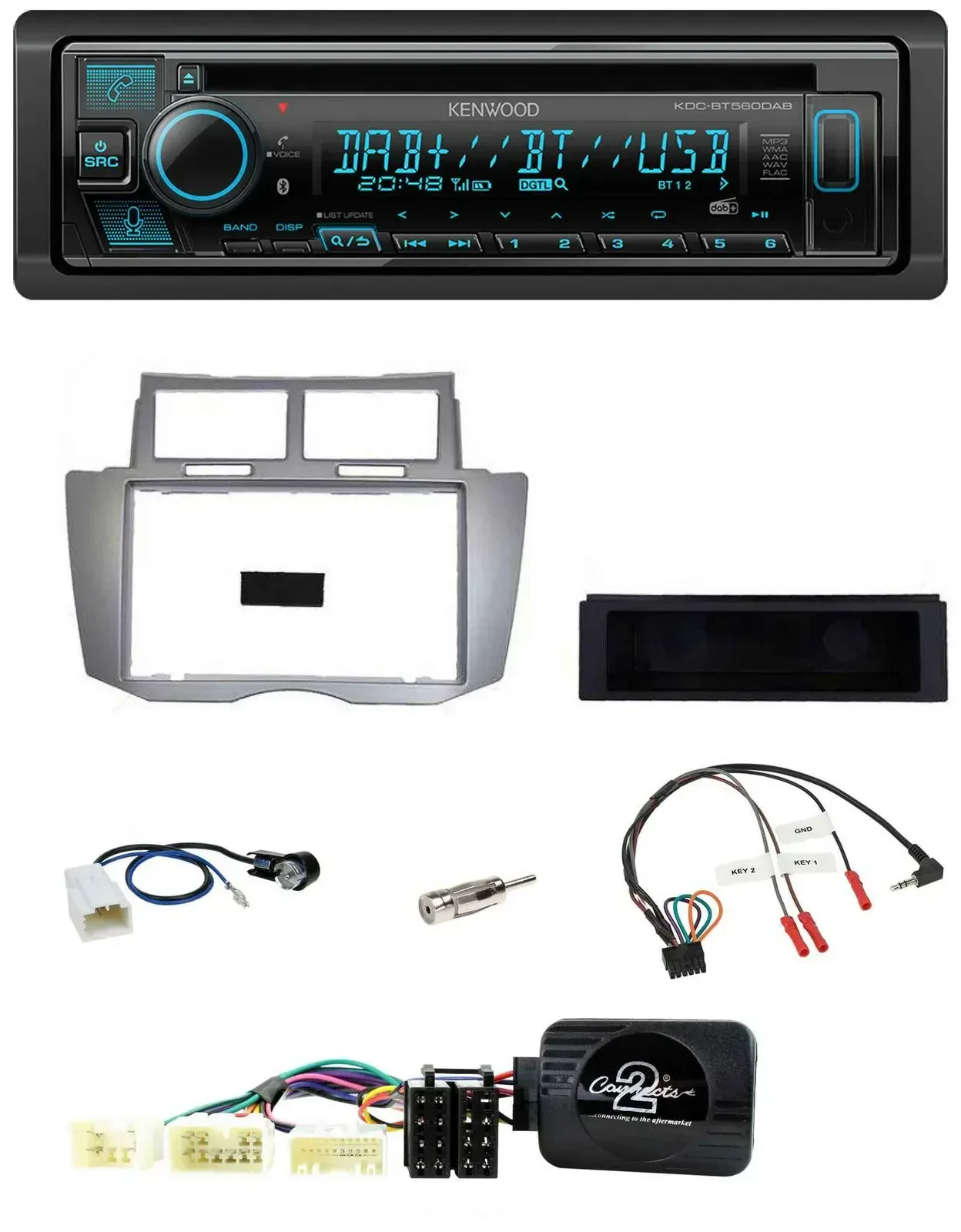 Автомагнитола Kenwood Bluetooth DAB CD USB для Toyota Yaris 2007–2011, серебристая