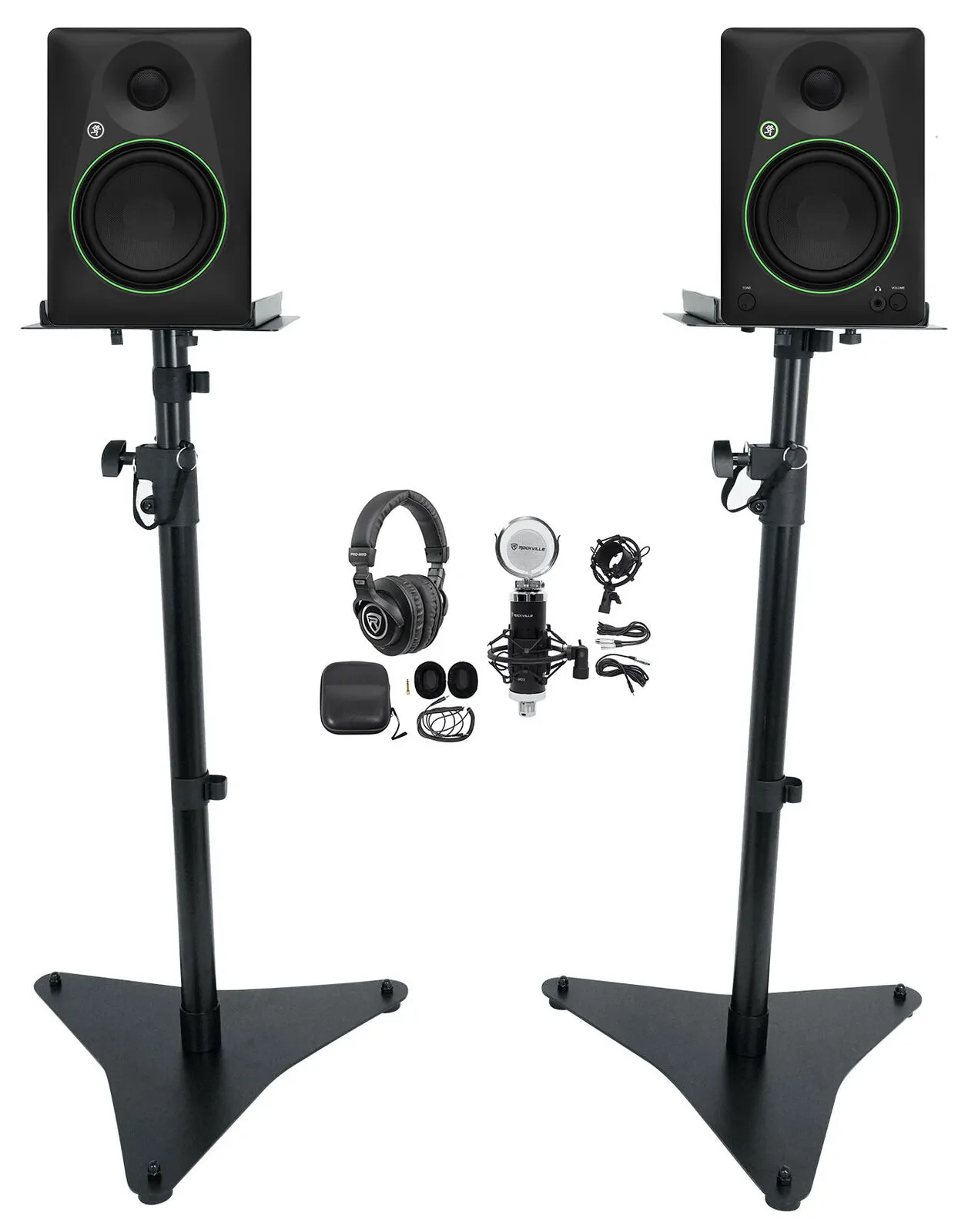 (2) Mackie CR5BT 5.25" Studio Monitors+Tone Control+Microphone+Headphones+Stands