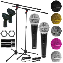 Vocal Karaoke Dynamic Microphones w 5 Colored Replacement Mic Grilles & Stands