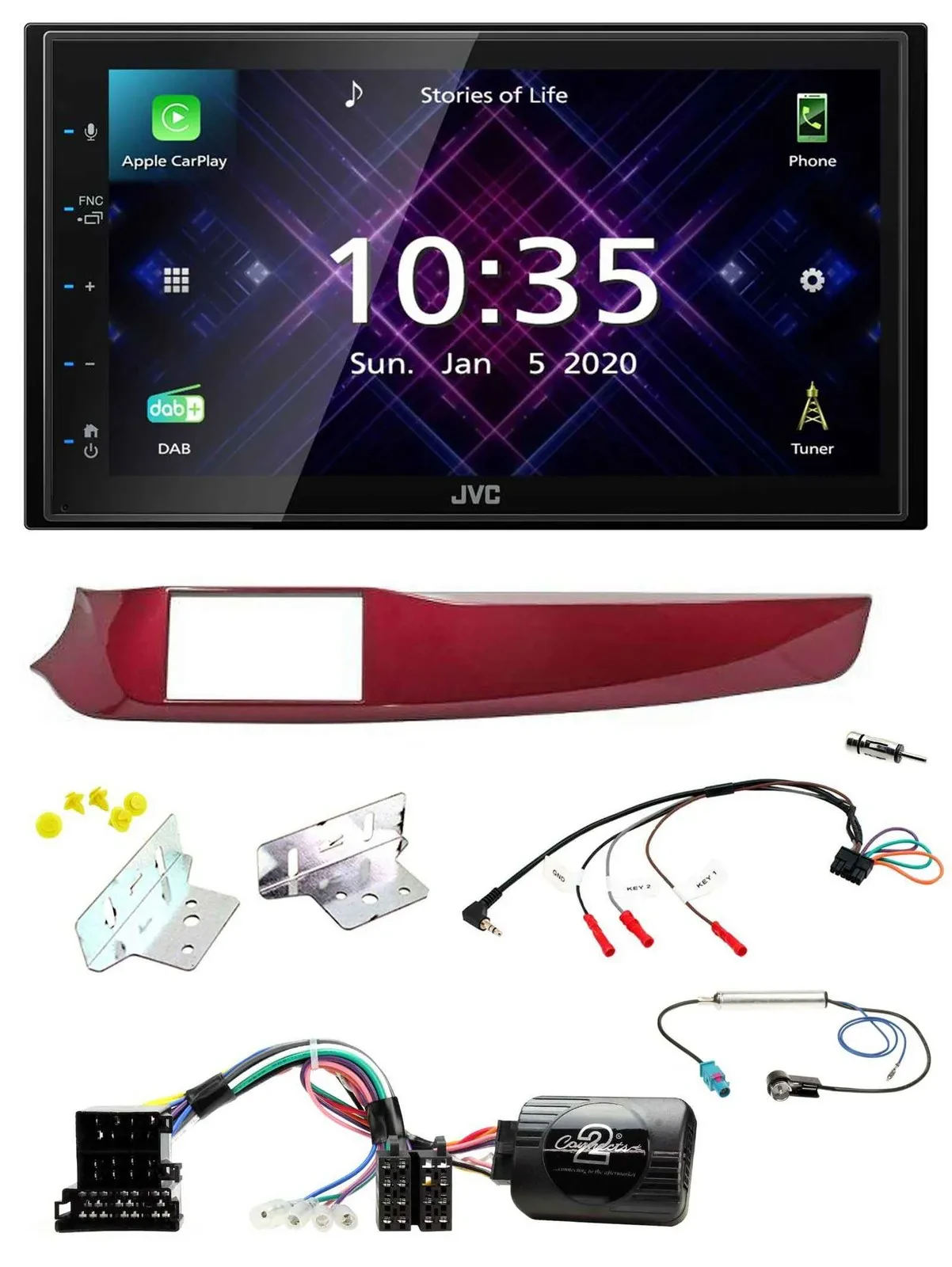 Автомагнитола для Alfa Romeo Giulietta (940) JVC 2 DIN, DAB, Bluetooth, USB, красный, поддержка кнопок на руле