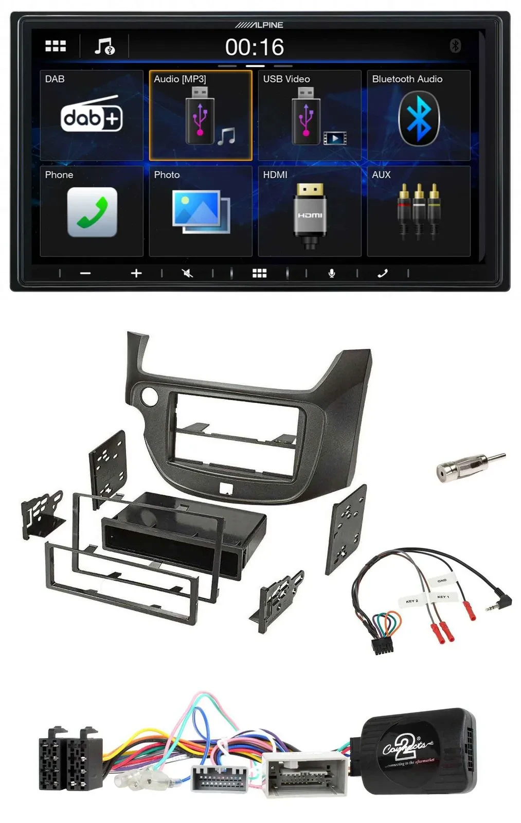 Alpine Bluetooth 2DIN Lenkrad DAB USB Autoradio für Honda Jazz ab 14 dunkelgrau