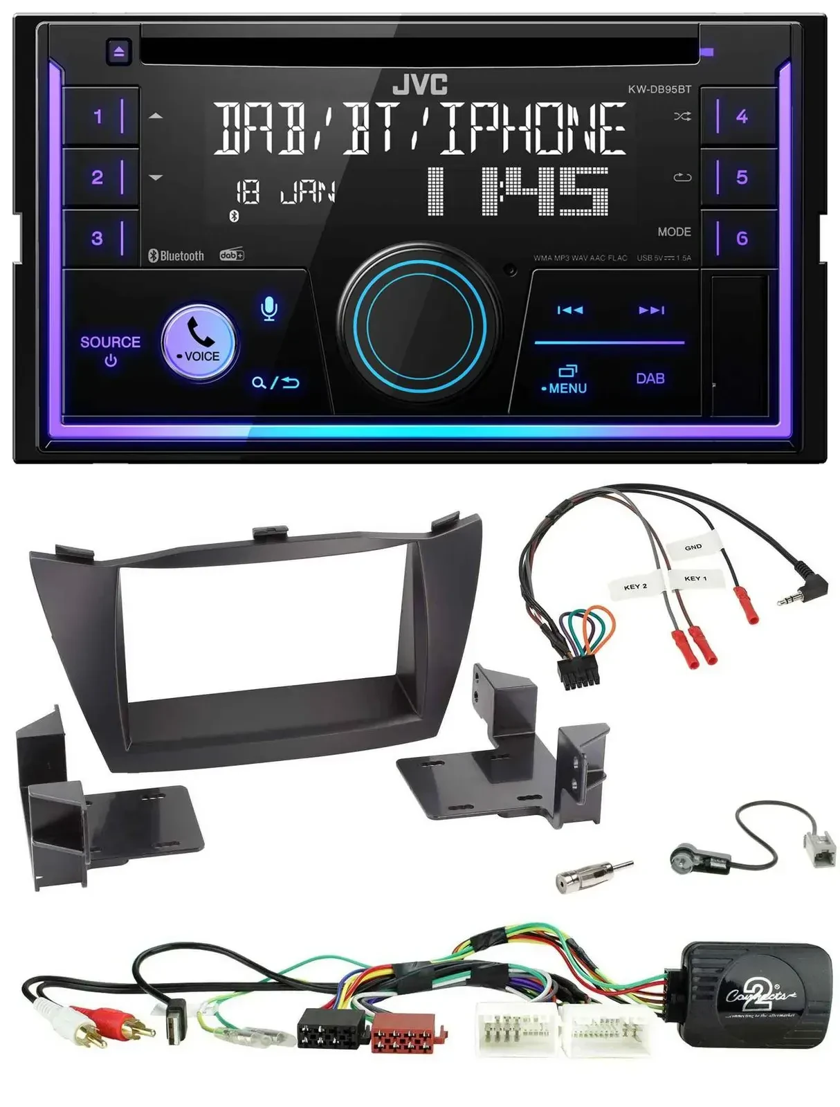 Автомагнитола для Hyundai Tucson (2010–2015) JVC 2DIN, USB, DAB, Bluetooth, CD, черный