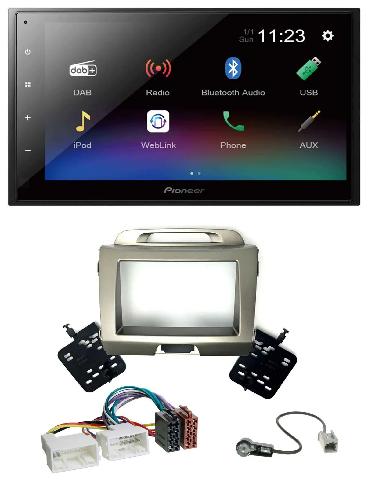 Автомагнитола для Kia Sportage 3 (2010–2015) Pioneer 2DIN, USB, Bluetooth, DAB, MP3, серебристая