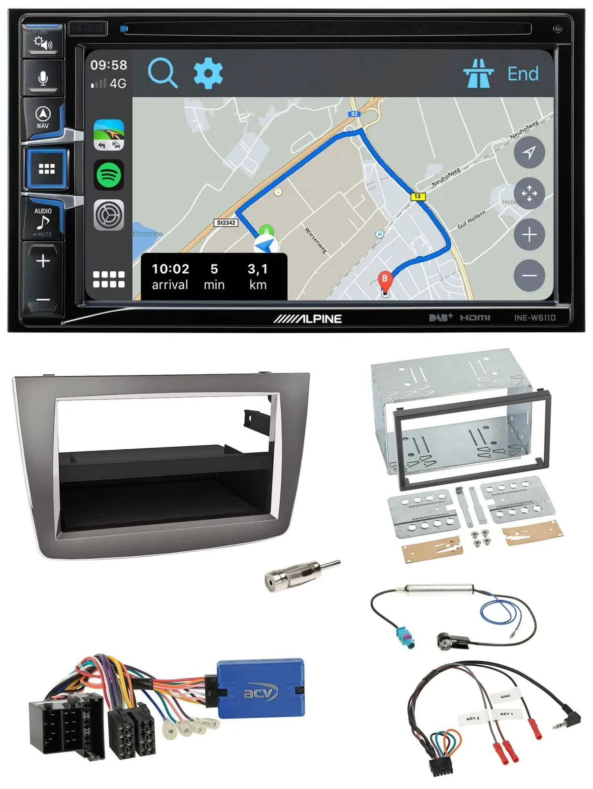 Автомагнитола Alpine 2-DIN 9" DAB, Bluetooth, USB, навигация, для Alfa Romeo Mito (2013–2018), поддержка кнопок на руле