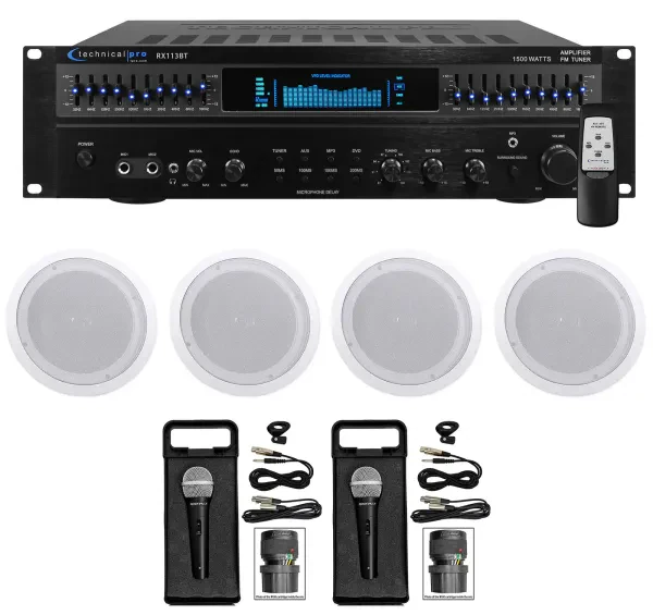 Technical Pro 1500 Watt Home Karaoke Machine System+(4) 8" Ceiling Speakers