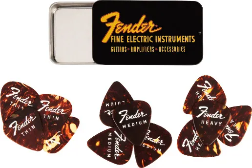 Genuine Fender Fine Electric Guitar Pick Gift Tin - 12 Pack of Thin/Medium/Heavy