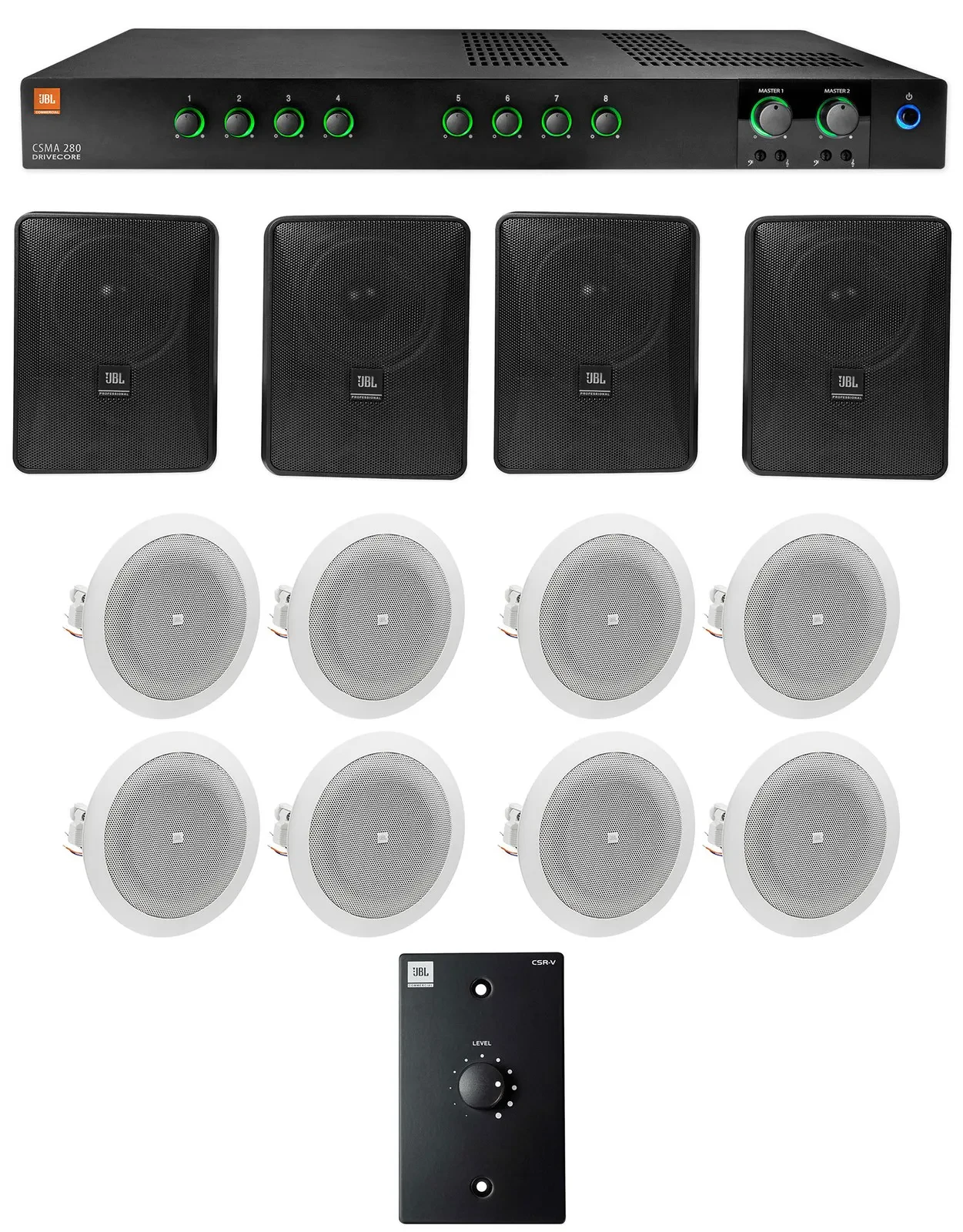 JBL Commercial Amplifier+4) 5.25" Black Wall+8) 4" Ceiing Speakers+Wall Control