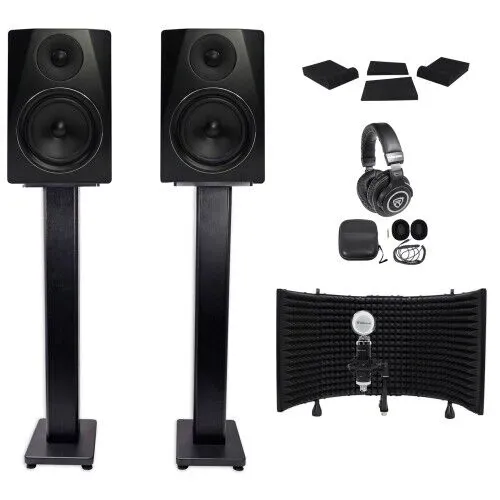 (2) Rockville APM6B 6.5" 350w Studio Monitors+Stands+Pads+Headphones+Mic+Shield