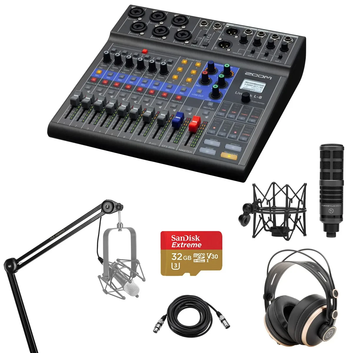 Zoom LiveTrak L-8 Mixer and Recorder with TAP300 Mic, Broadcast Arm  Headphones