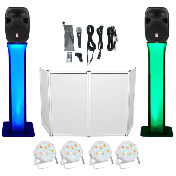 DJ Package w/Dual 12" Bluetooth Speakers+Mic+Tripod+Totem Stands+Facade+Lights