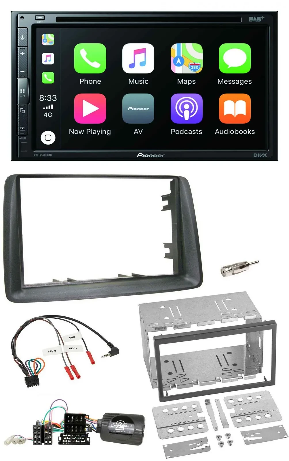Pioneer DVD 2DIN Lenkrad DAB Bluetooth USB Autoradio für Fiat Panda 2007-2012 gr