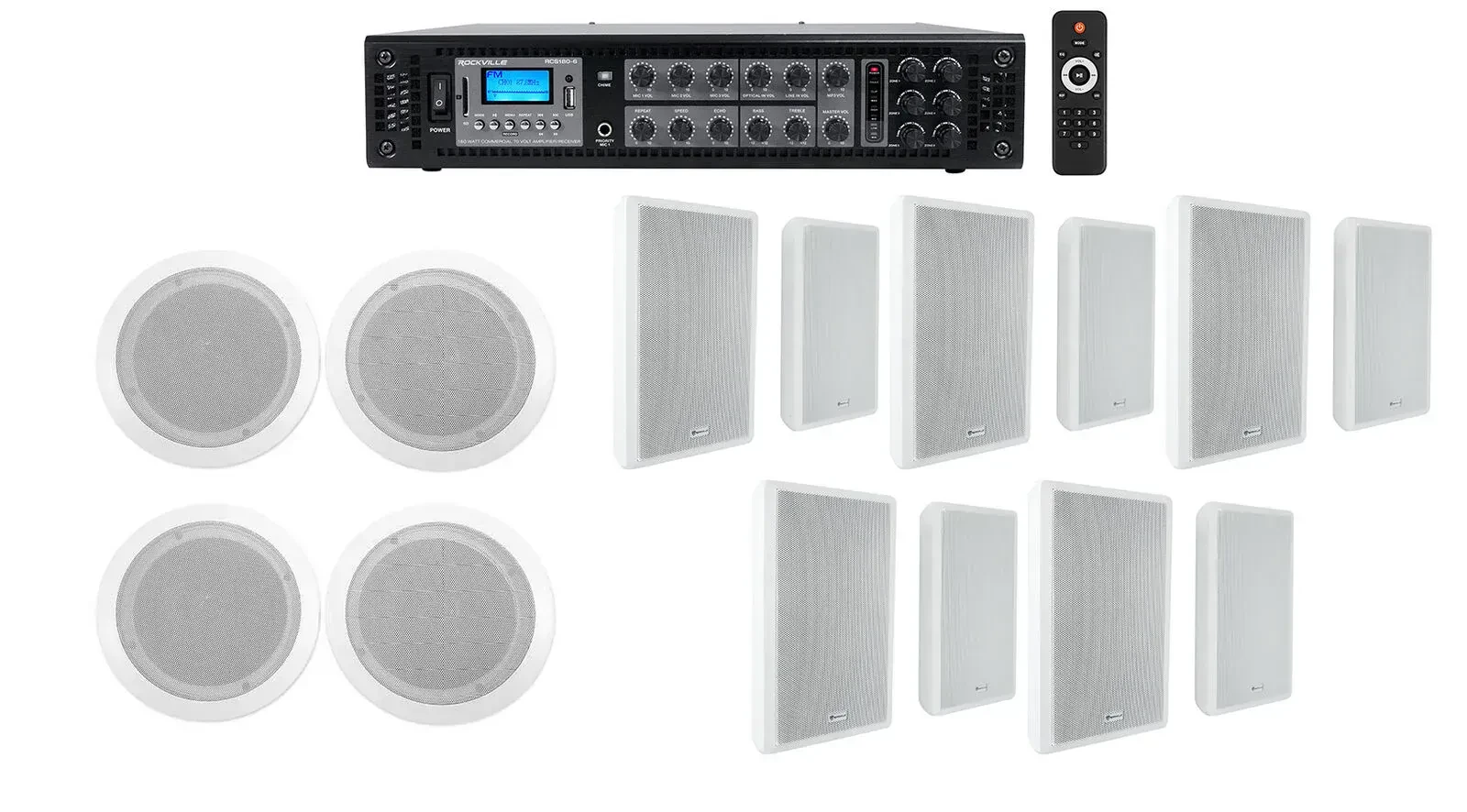 Трансляционный усилитель Rockville RCS180-6+2) CC65T White+5) Rock Slim OFF с комплектом акустики