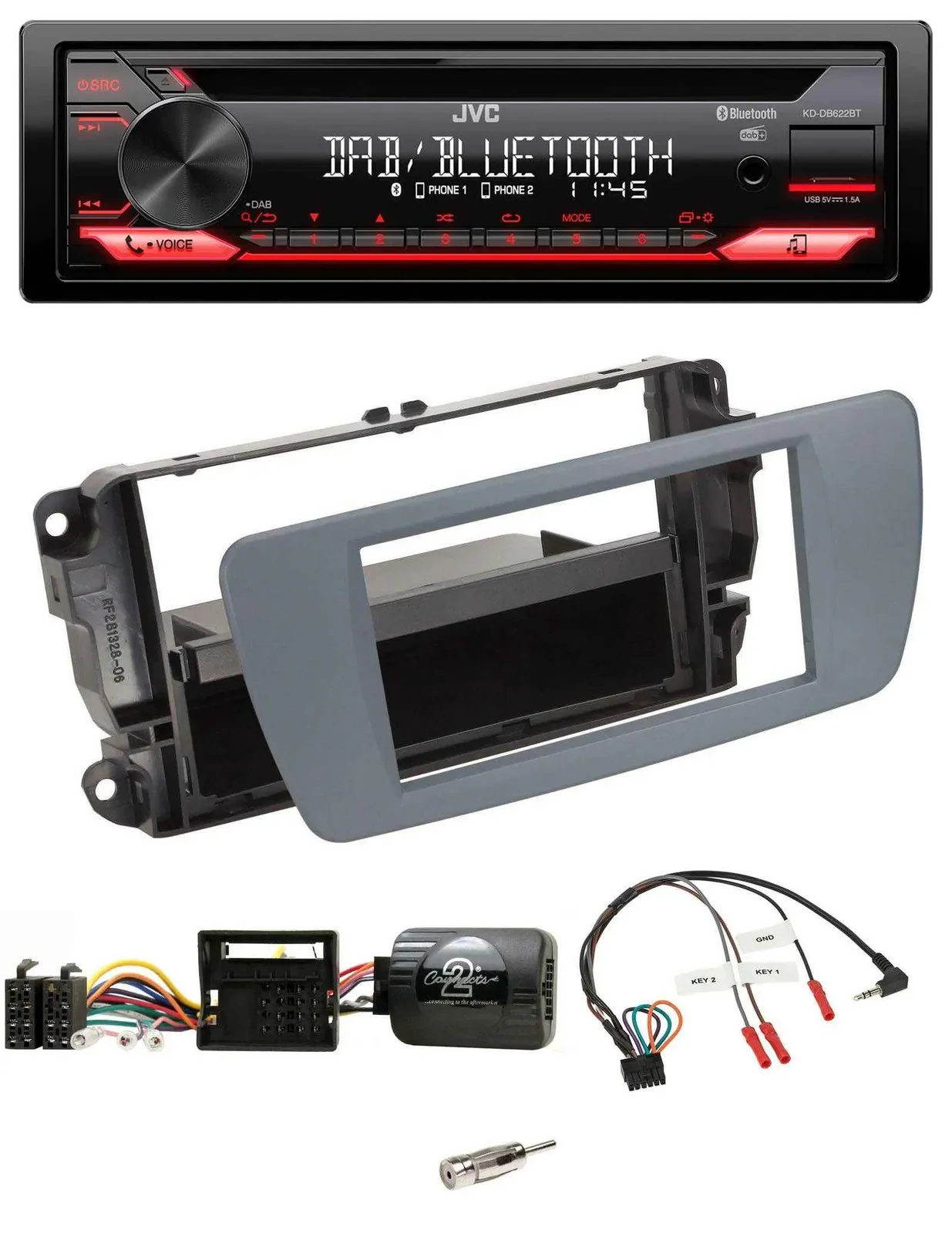 Автомагнитола для Seat Ibiza JVC CD DAB USB Bluetooth, серый Conemara