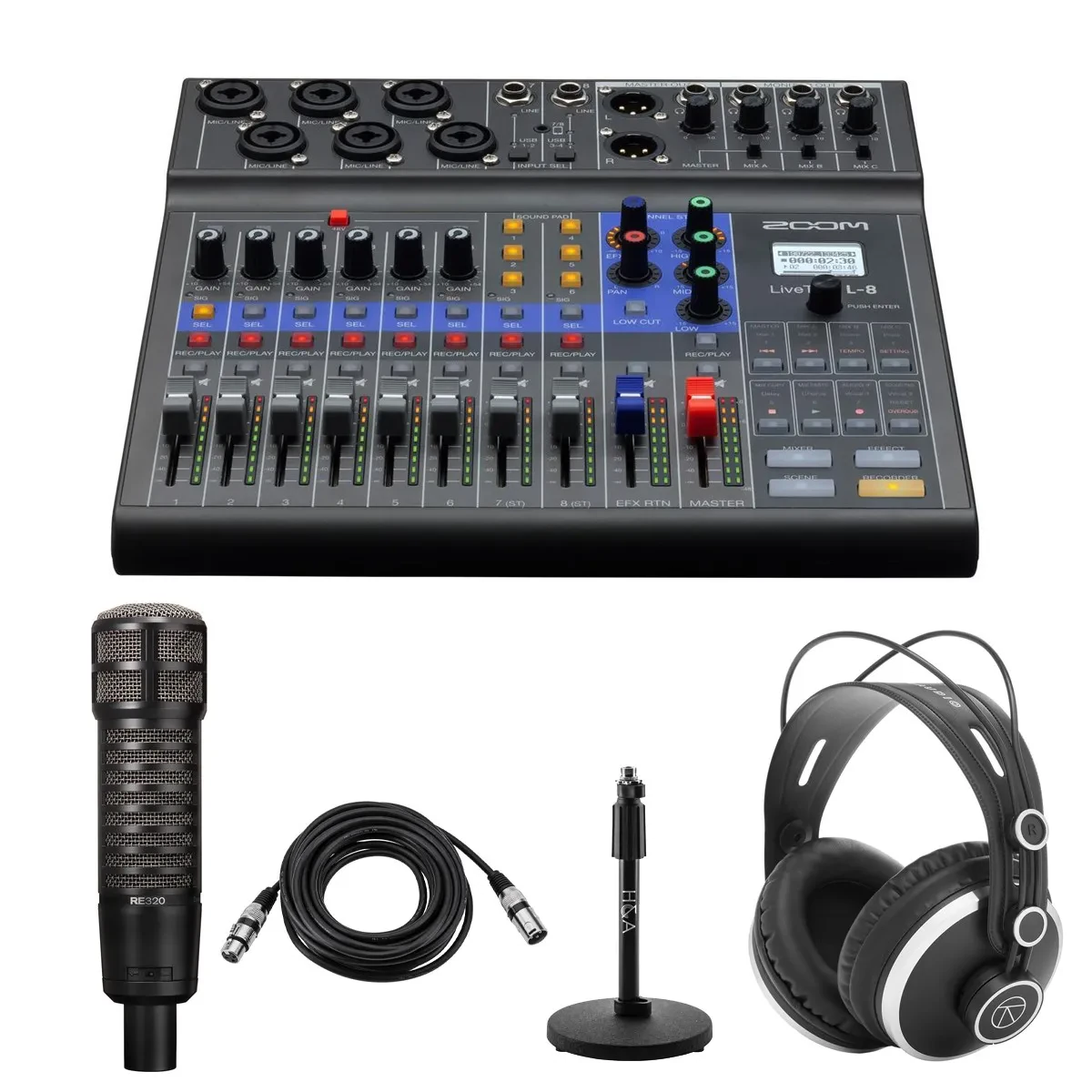 Zoom LiveTrak L-8 Mixer and Recorder with RE320 Mic, Stand  TAPH500 Headphones