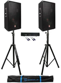 2) Rockville RSG12.4 12" 1000w DJ/Pro PA Speakers+Gemini Amplifier+Stands+Cables