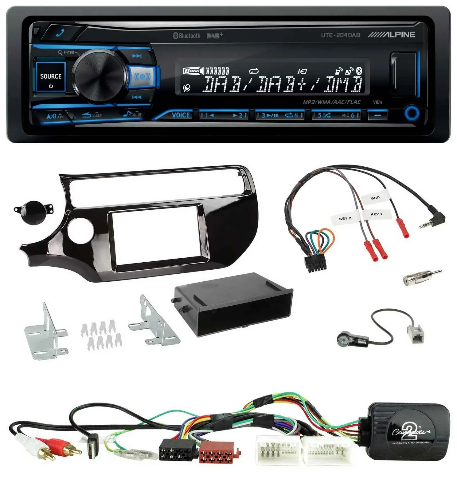 Автомагнитола для Kia Rio UB (с 03/2015) Alpine USB, Bluetooth, DAB, совместима с кнопками на руле, цвет: чёрный глянец