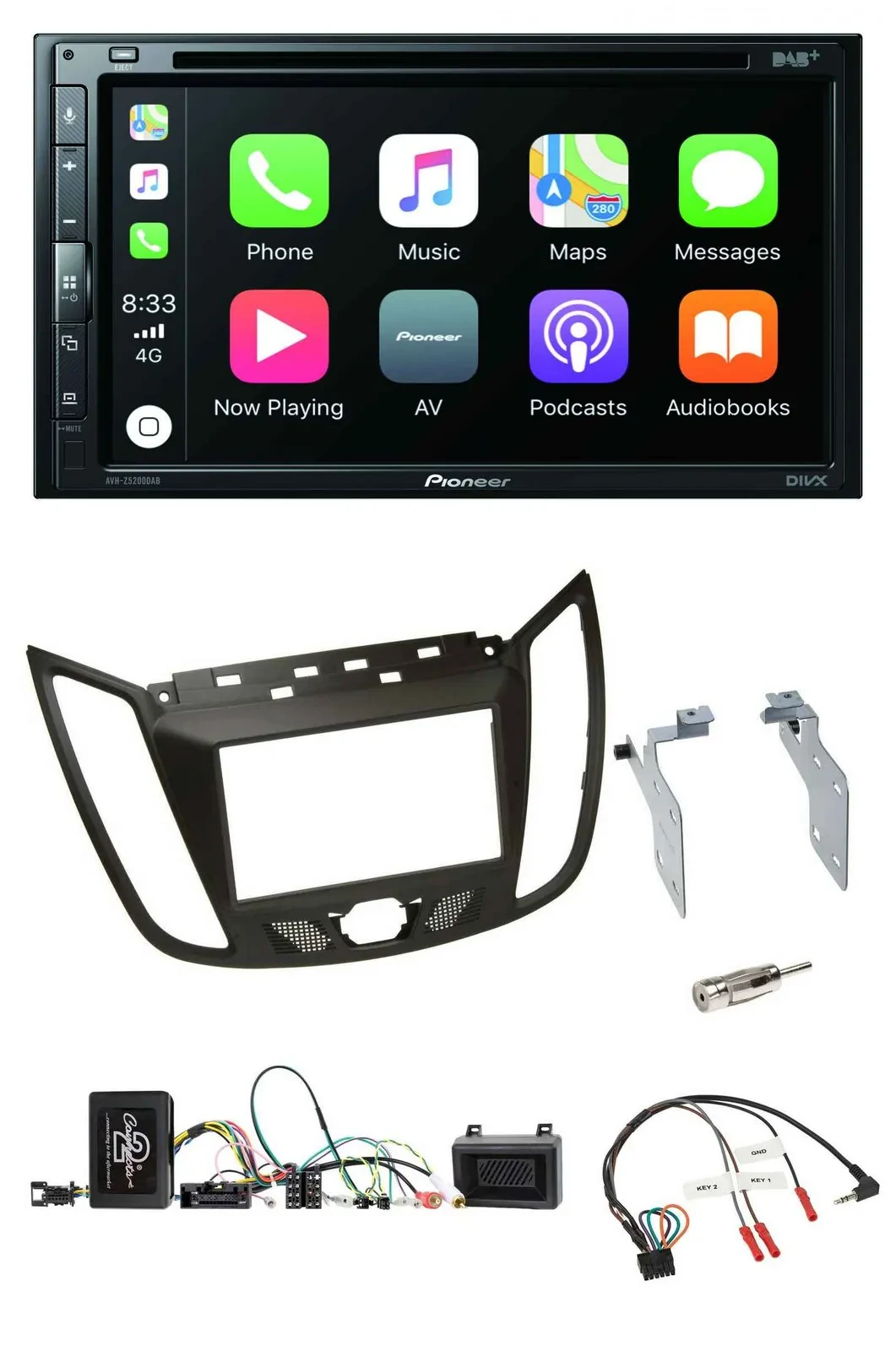 Автомагнитола Pioneer 2-DIN DVD DAB Bluetooth USB для Ford C‑Max (с 2011), коричневый, поддержка кнопок на руле