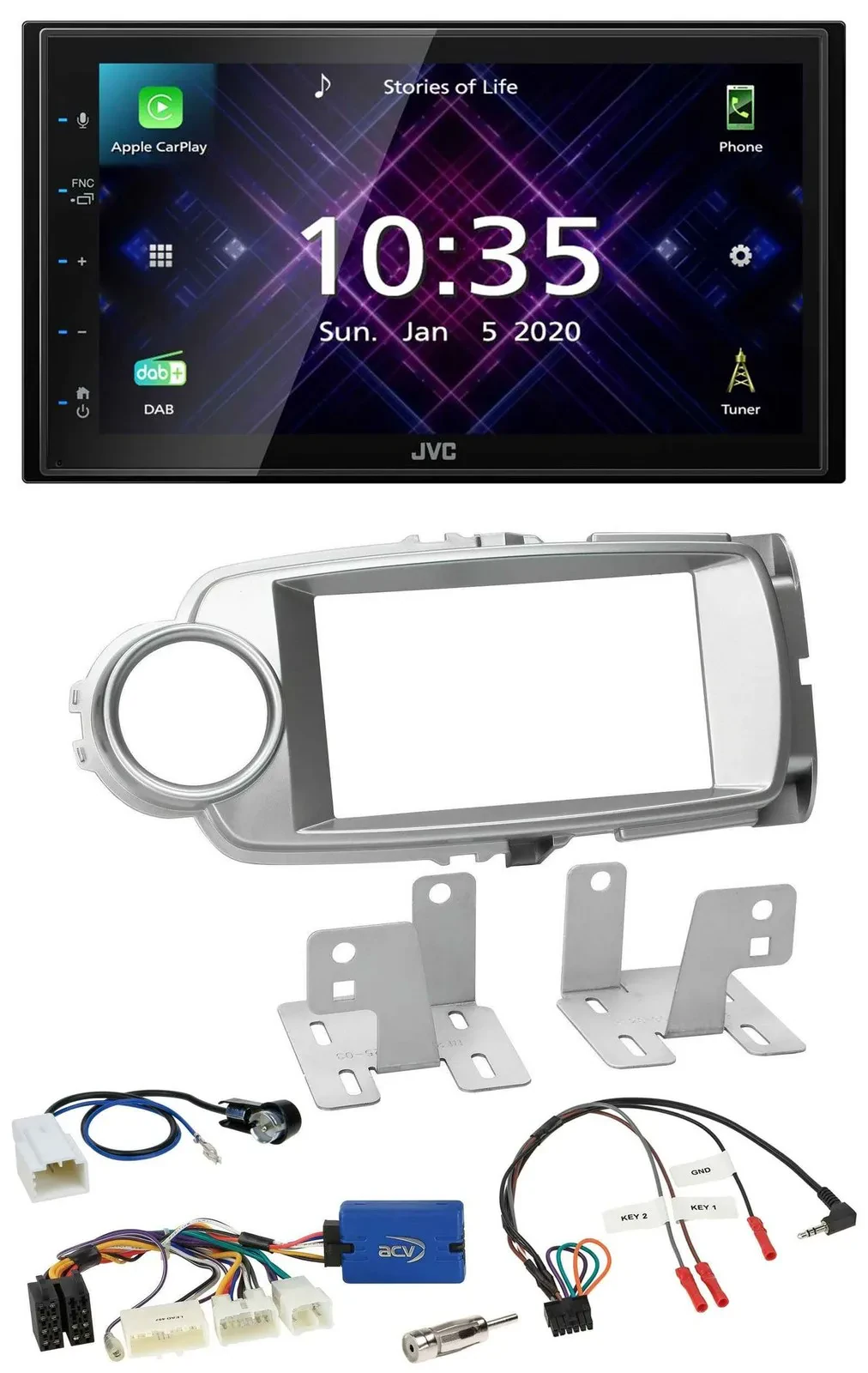 JVC DAB 2DIN Lenkrad Bluetooth USB Autoradio für Toyota Yaris 2011-2014 silber 2