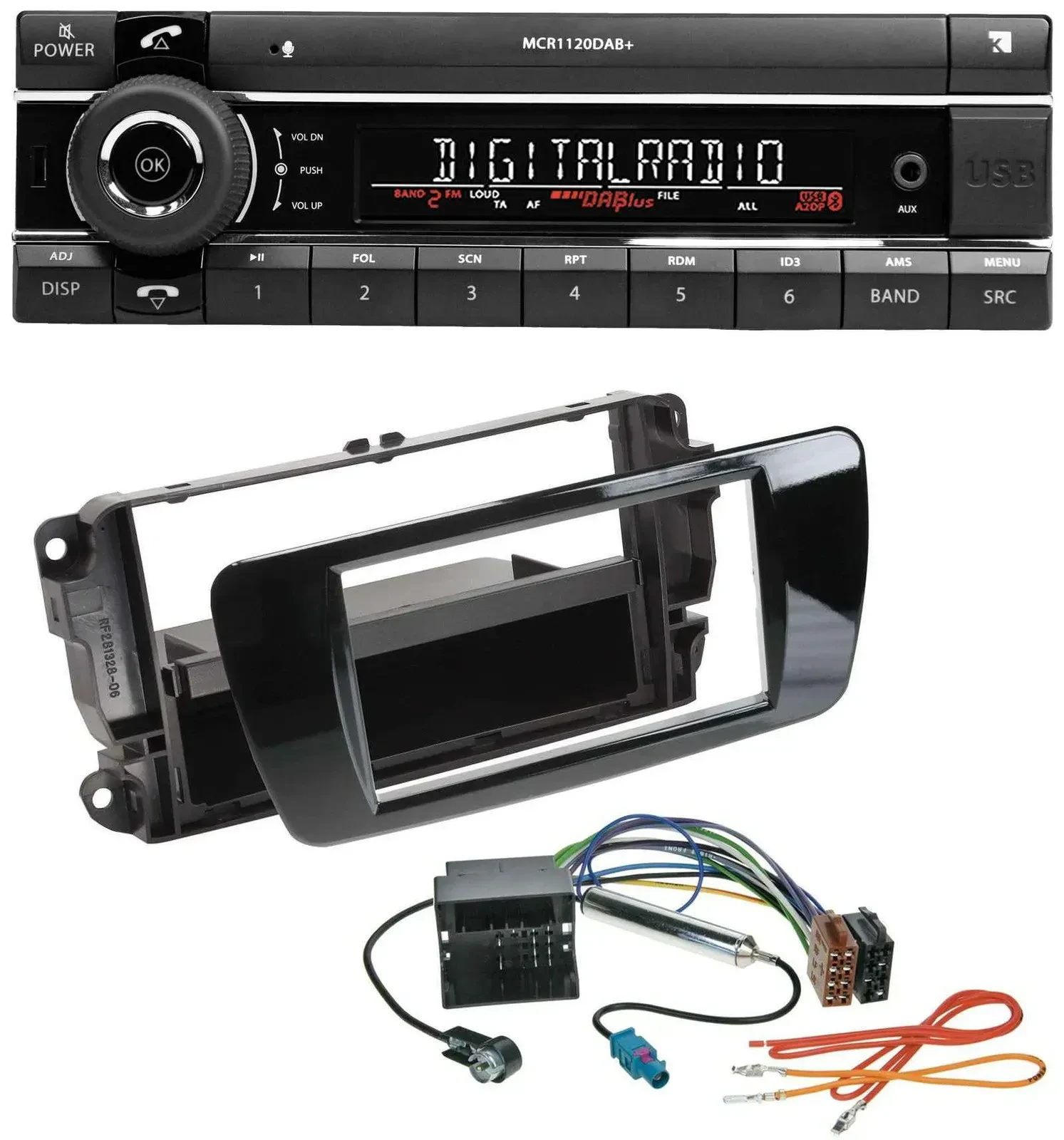 Автомагнитола для Seat Ibiza (с 2008) Kienzle Bluetooth MP3 USB DAB, черный (piano black)